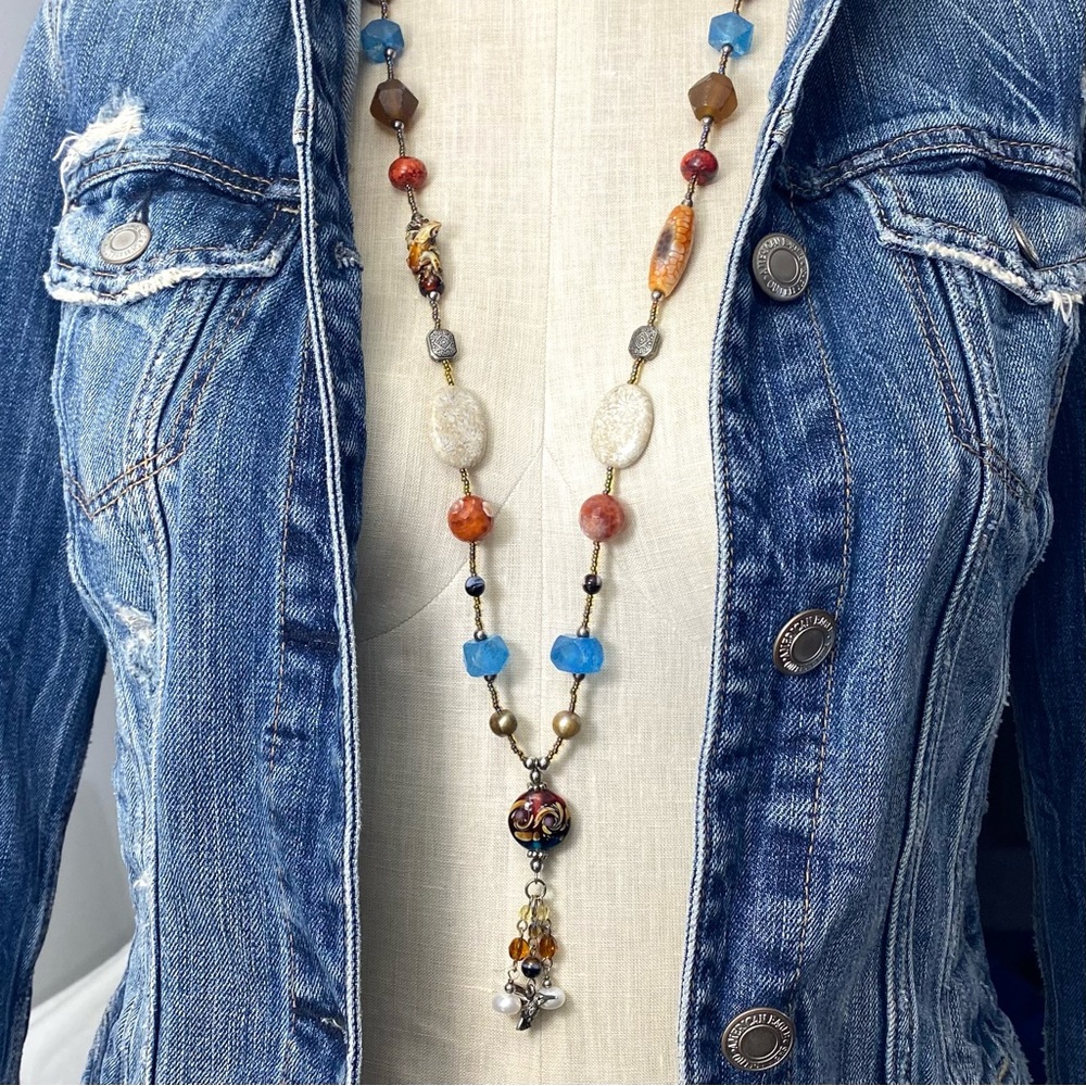 Artisan Crafted Glass Stone Beaded Nature Inspired Necklace Frog Bead Bird Charm